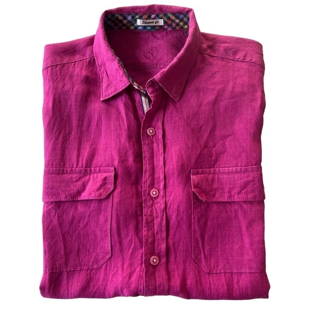 Bugatchi Men’s Shaped Fit Pink Linen Short Sleeve Button Down Shirt